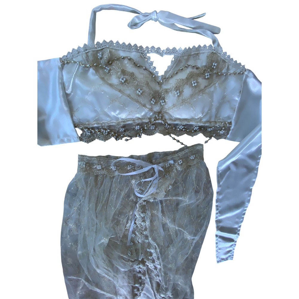 Ivory Lace Pearl Embellished 2 Piece Set Crop Top & Sheer Maxi Skirt Gold Accent